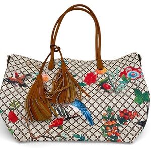 Bird & flower vegan leather tote w/tassels
